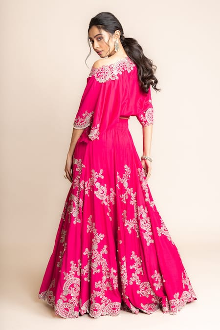 Shop_Nupur Kanoi_Fuchsia Crepe, Silk Mirrors, Hand Embroidered Lehenga And Off Shoulder Top Set _at_Aza_Fashions