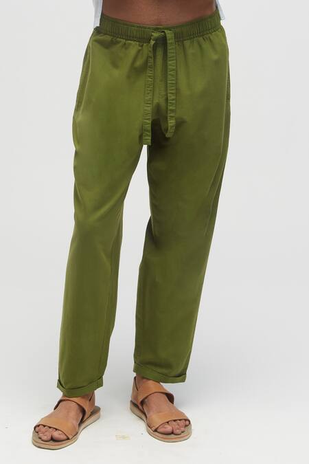 Shop_Terra Luna_Green 100% Organic Handloom Oxford Cotton Solid Front Drawstring Pant _at_Aza_Fashions