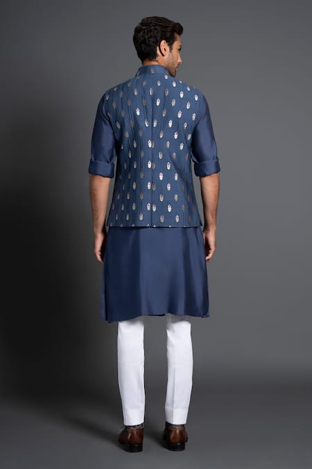 Shop Raghavendra Rathore Jodhpur Blue Chanderi Silk Embroidery Floral Woven Kantha Work Waistcoat at Aza Fashions Shop_Raghavendra Rathore Jodhpur_Blue Chanderi Silk Embroidery Floral Woven Kantha Work Waistcoat _at_Aza_Fashions
