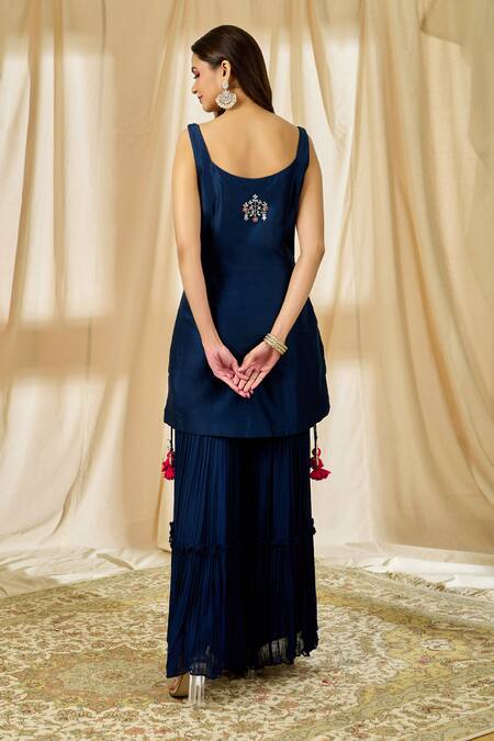 Shop Alaya Advani Blue Chanderi Embroidered Kurta Palazzo Set at Aza Fashions Shop_Alaya Advani_Blue Chanderi Embroidered Kurta Palazzo Set_at_Aza_Fashions