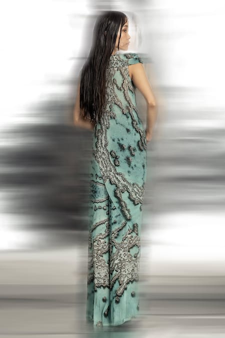 Shop Abhishek Sharma Green Georgette High Neck Reef Print Draped Top at Aza Fashions Shop_Abhishek Sharma_Green Georgette High Neck Reef Print Draped Top _at_Aza_Fashions