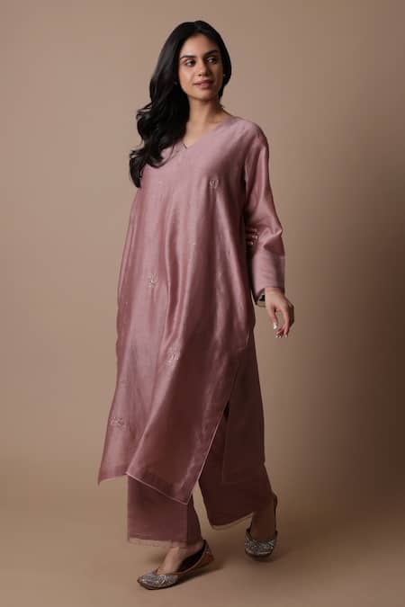 Shop_Rhua_Pink Chanderi Silk, Cotton, Silk, Organza Mirrors V-neck Afsa Kurta Set _at_Aza_Fashions