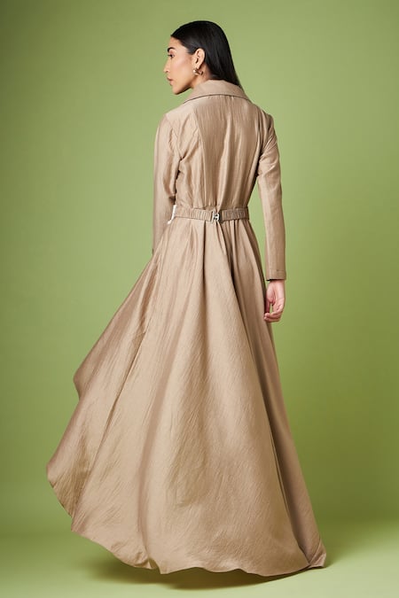 Shop_Aakaar_Beige Cotton Satin, Cotton, Silk Pearls, Tassels Draped Tunic And Pant Set _at_Aza_Fashions