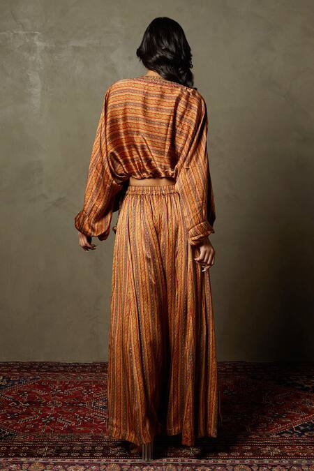 Shop_RI.Ritu Kumar_Brown Satin, Tassels, Embroidery Noor Floral Print Top And Palazzo Set _at_Aza_Fashions