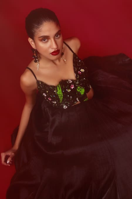Shop_Nandita Thirani_Black Polyester Silk And Organza Front Knot Crop Top & Skirt Set  _at_Aza_Fashions