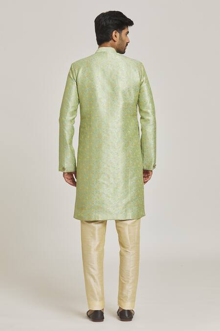 Shop Arihant Rai Sinha Green Silk, Jacquard Floral Pattern Overlap Sherwani And Metallic Pant Set at Aza Fashions Shop_Arihant Rai Sinha_Green Silk, Jacquard Floral Pattern Overlap Sherwani And Metallic Pant Set_at_Aza_Fashions