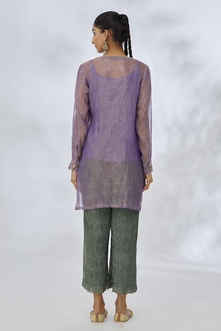 Shop Itrh Purple Silk, Cotton Embroidery V-neck High Low Placement Coin Embellished Top at Aza Fashions Shop_Itrh_Purple Silk, Cotton Embroidery V-neck High Low Placement Coin Embellished Top _at_Aza_Fashions