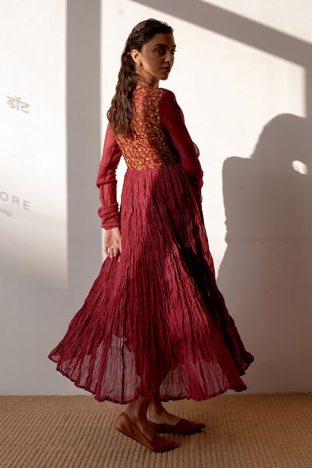 Shop Dot Pink Chanderi Embroidery Round Neck Hand Ghoomar Anarkali at Aza Fashions Shop_Dot_Pink Chanderi Embroidery Round Neck Hand Ghoomar Anarkali _at_Aza_Fashions