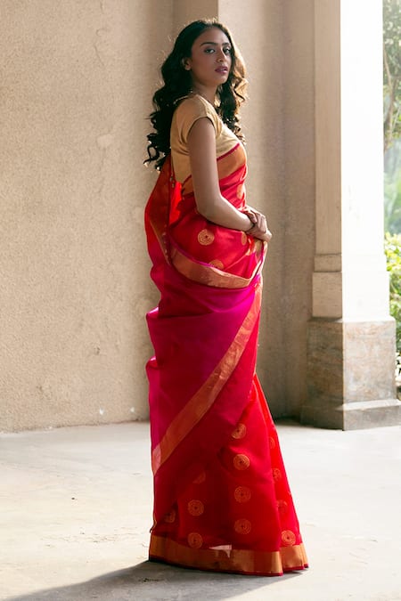 Mint N Oranges Floral Pattern Pure Chanderi Silk Saree 