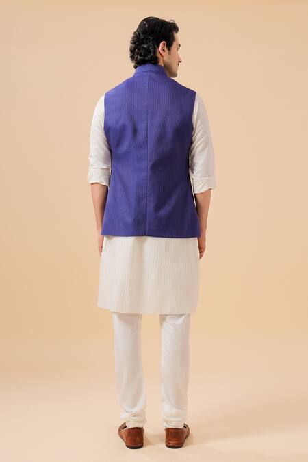 Shop_Raghavendra Rathore Blue_Blue Jaquard Self Design Sleeveless Jacket _at_Aza_Fashions