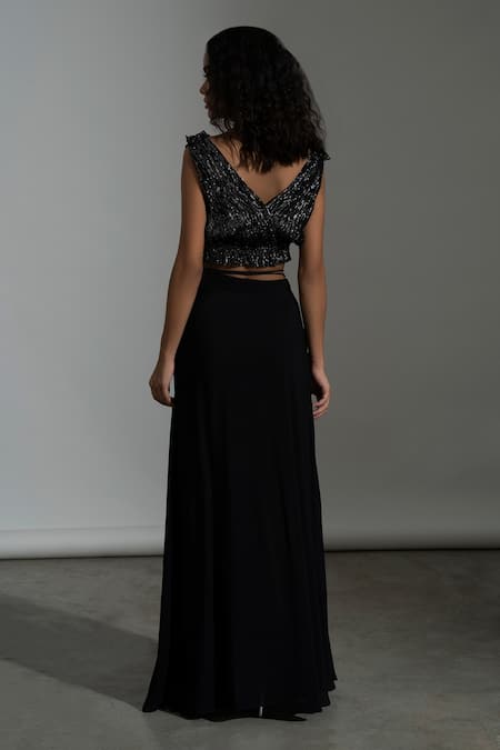 Shop Amrta By Guneet Kondal Black Viscose Metallic Thread V-neck Wrap Style Crop Top And Skirt Set at Aza Fashions Shop_Amrta By Guneet Kondal_Black Viscose Metallic Thread V-neck Wrap Style Crop Top And Skirt Set _at_Aza_Fashions
