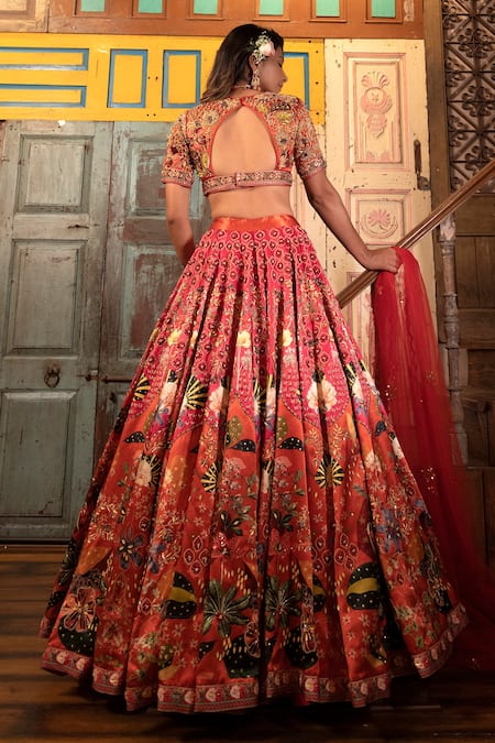 Vana Ethnics_Orange Net, Viscose Floral, Zardozi V Embroidered Bridal Lehenga Bustier Set _Online_at_Aza_Fashions
