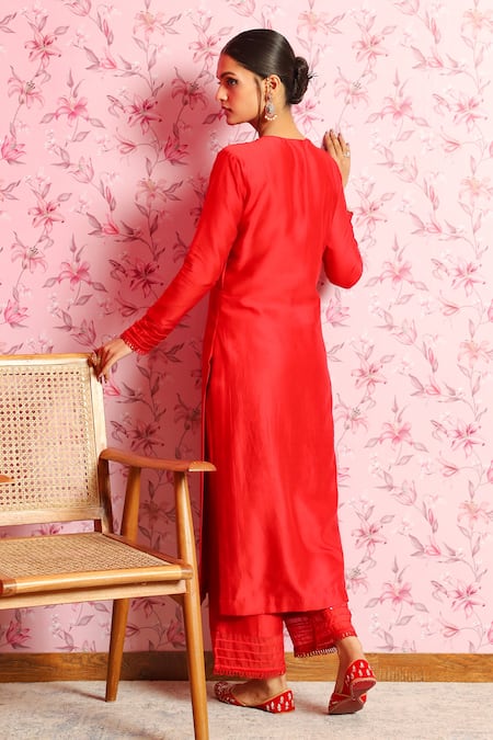 Shop Dohr India Red Silk, Chanderi, Organza Sequins, Sanah Embellished Placket Kurta Palazzo Set at Aza Fashions Shop_Dohr India_Red Silk, Chanderi, Organza Sequins, Sanah Embellished Placket Kurta Palazzo Set _at_Aza_Fashions