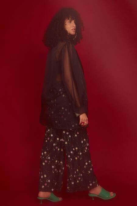 Shop_Nandita Thirani_Black Silk Blend Polyester And Organza Sheer Jacket & Flared Pant Set  _at_Aza_Fashions