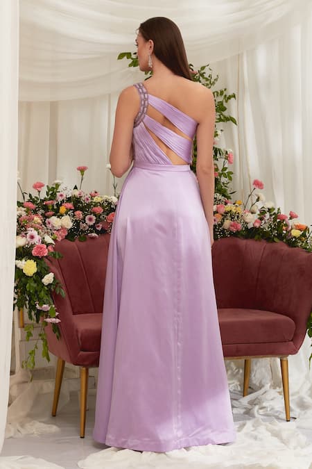 Shop Zosia Purple Luxury Crepe Satin Beads Asymmetric Semele One Shoulder Gown at Aza Fashions Shop_Zosia_Purple Luxury Crepe Satin Beads Asymmetric Semele One Shoulder Gown _at_Aza_Fashions