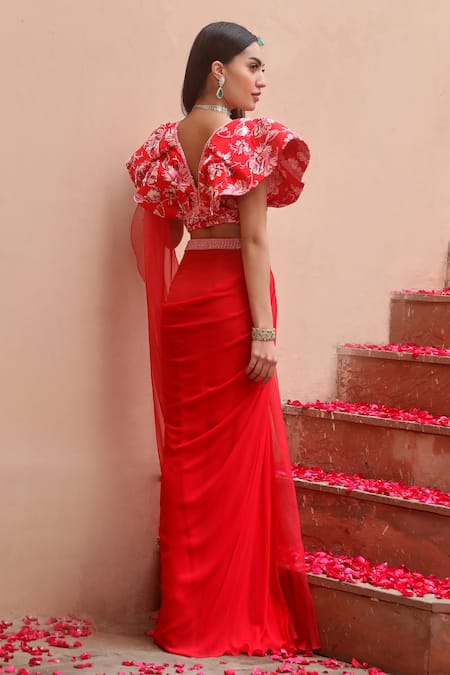Shop Dheeru Taneja Red Organza, Crepe, Georgette Inaya Pre-draped Saree With Printed Cape at Aza Fashions Shop_Dheeru Taneja_Red Organza, Crepe, Georgette Inaya Pre-draped Saree With Printed Cape _at_Aza_Fashions