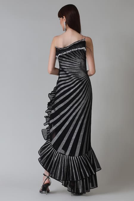 Shop Geisha Designs Black Nylon Printed Metallic Stripe Asymmetric Sabrina Dress at Aza Fashions Shop_Geisha Designs_Black Nylon Printed Metallic Stripe Asymmetric Sabrina Dress _at_Aza_Fashions