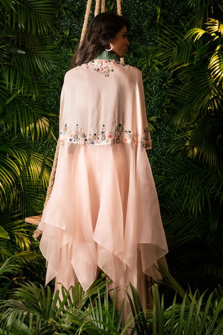 Shop Pallavi Poddar Pink Organza, Crepe Daffodil Floral Embroidered Cape And Pant Set at Aza Fashions Shop_Pallavi Poddar_Pink Organza, Crepe Daffodil Floral Embroidered Cape And Pant Set _at_Aza_Fashions
