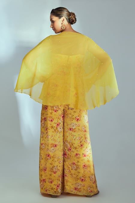 Buy_Suruchi Parakh_Yellow Crepe And Organza Floral Pattern Kaftan Boat Neck Print Pant Set With Top _Online_at_Aza_Fashions