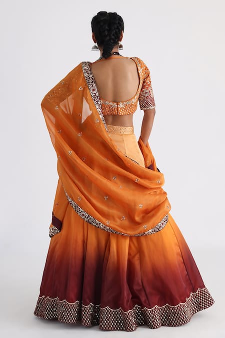 Shop_Smriti By Anju Agarwal_Yellow Satin, Organza, Taffeta, Tissue Embroidery Dalia Blouse Lehenga Set _at_Aza_Fashions