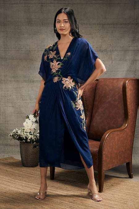 Shop_Soup By Sougat Paul_Blue Crepe Embroidery V-neck Orchid Bloom Dress _at_Aza_Fashions