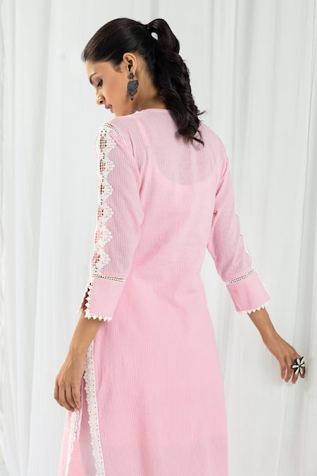 Shop Roze Pink Cotton, Chiffon Beads, Fringe, Lace V-neck Eden Front Tasselled Kurta Set at Aza Fashions Shop_Roze_Pink Cotton, Chiffon Beads, Fringe, Lace V-neck Eden Front Tasselled Kurta Set _at_Aza_Fashions