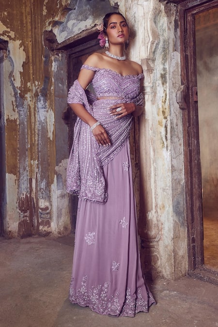 Nitika Gujral Embroidered Lehenga Saree With Off Shoulder Blouse 