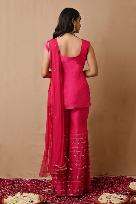 Shop_Label Nitisha_Pink Silk, Net Diamonds, Sequins, Gota Patti, Embroidery Round Kurta Gharara Set _at_Aza_Fashions