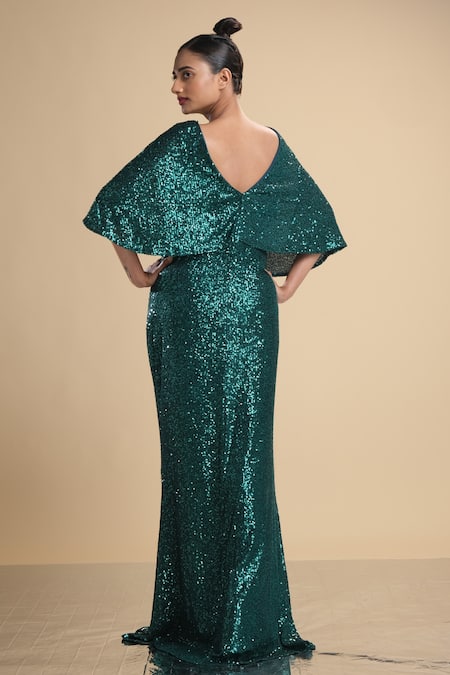Shop Kommal Sood Green Lycra Stretch Net Embroidered Sequins Illusion Cape Sleeve Gown at Aza Fashions Shop_Kommal Sood_Green Lycra Stretch Net Embroidered Sequins Illusion Cape Sleeve Gown _at_Aza_Fashions