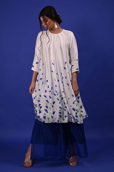 Shop Rimi Nayak White Modal, Satin Embroidery Round Neck Clitoria Flower Print Tunic at Aza Fashions Shop_Rimi Nayak_White Modal, Satin Embroidery Round Neck Clitoria Flower Print Tunic _at_Aza_Fashions