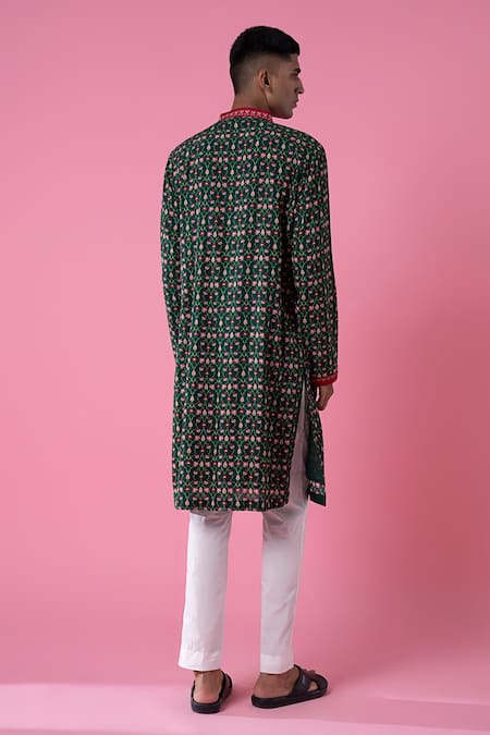 Shop Siddhartha Bansal Green Cotton Dobby Stripe Embroidery Flower Kurta Set at Aza Fashions Shop_Siddhartha Bansal_Green Cotton Dobby Stripe Embroidery Flower Kurta Set _at_Aza_Fashions