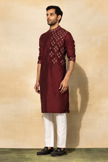 Shop Diyarajvvir Maroon , Satin Embroidery Fish Eye Acrylic Kurta Set at Aza Fashions Shop_Diyarajvvir_Maroon , Satin Embroidery Fish Eye Acrylic Kurta Set _at_Aza_Fashions