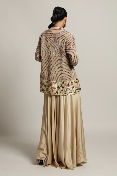 Shop Sejal Kamdar Beige Gajji Silk Embellished Pipe Jacket Stripe Flared Pant Set at Aza Fashions Shop_Sejal Kamdar_Beige Gajji Silk Embellished Pipe Jacket Stripe Flared Pant Set _at_Aza_Fashions