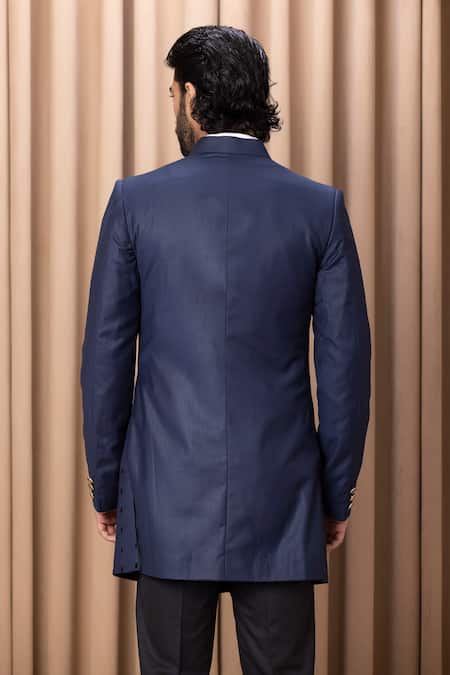 Shop Ankit V Kapoor Black Satin Cut Work Daniyal Embroidered Bandhgala And Trouser Set at Aza Fashions Shop_Ankit V Kapoor_Black Satin Cut Work Daniyal Embroidered Bandhgala And Trouser Set _at_Aza_Fashions