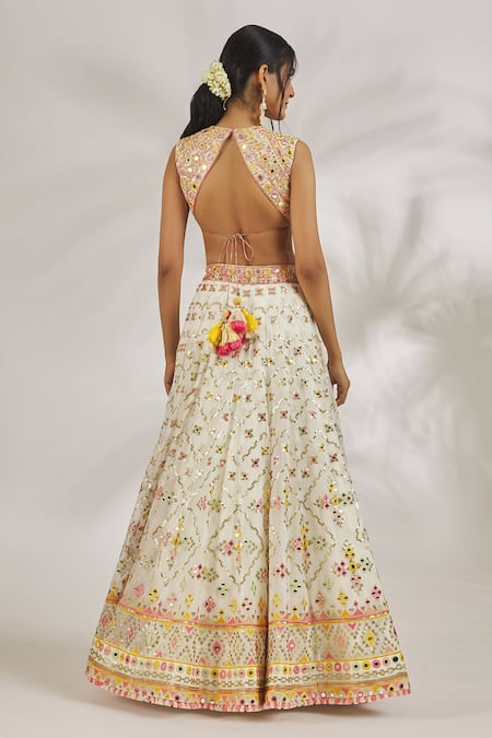 Gopi Vaid_Ivory Blouse Tussar Embroidery Sequin U Neck Maya Lehenga Set _Online_at_Aza_Fashions