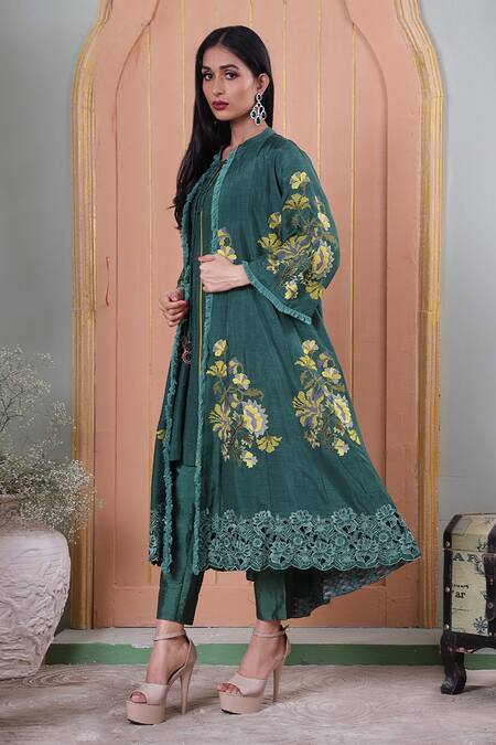 Shop Sunita Nagi Green Dupion Silk Embroidered Cross Stitch Thread And Crochet Floral Pant Set at Aza Fashions Shop_Sunita Nagi_Green Dupion Silk Embroidered Cross Stitch Thread And Crochet Floral Pant Set _at_Aza_Fashions
