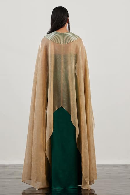 Shop_Akhl_Beige Lurex-tulle (57% Metallic Yarn 43% Polyester) + Matte Glass And Gown Set _at_Aza_Fashions