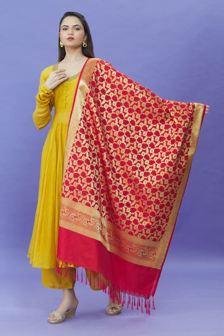 Shop Naintara Bajaj Red Silk Fringe Floral Vine Pattern Dupatta at Aza Fashions Shop_Naintara Bajaj_Red Silk Fringe Floral Vine Pattern Dupatta _at_Aza_Fashions