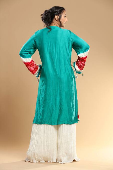 Shop_Etasha by Asha Jain_Red Gajji Silk Embellished Bandhani Jacket Front Open And Palazzo Set _at_Aza_Fashions