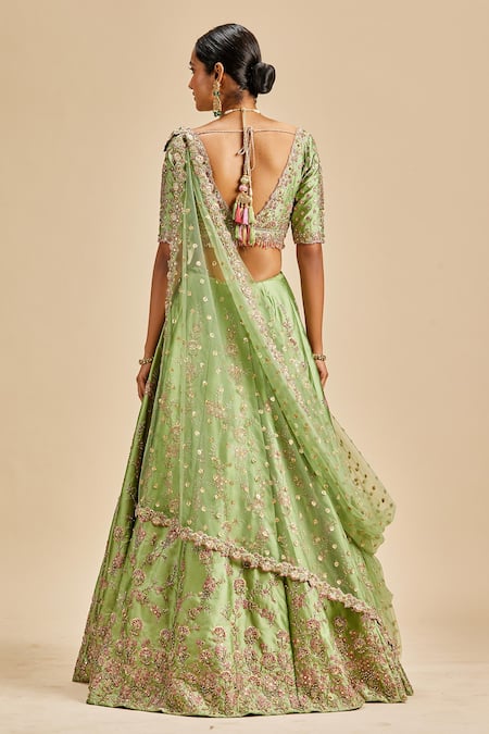 Shop_Nitika Gujral_Green Lehenga Taffeta Embroidery Resham V Neck Flower Bridal Set _at_Aza_Fashions