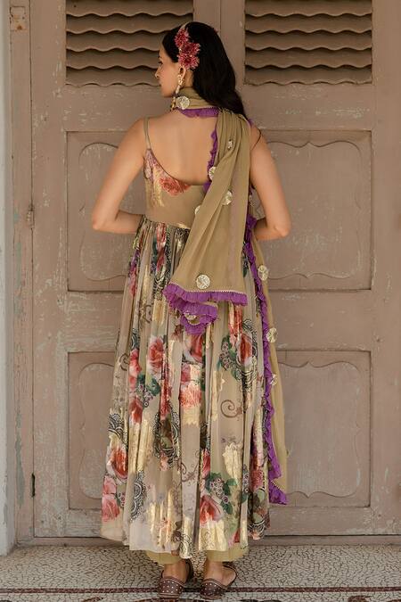 Shop_Amrin Khan_Green Georgette And Chiffon Print & Embroidery Strappy Anarkali Set  _at_Aza_Fashions