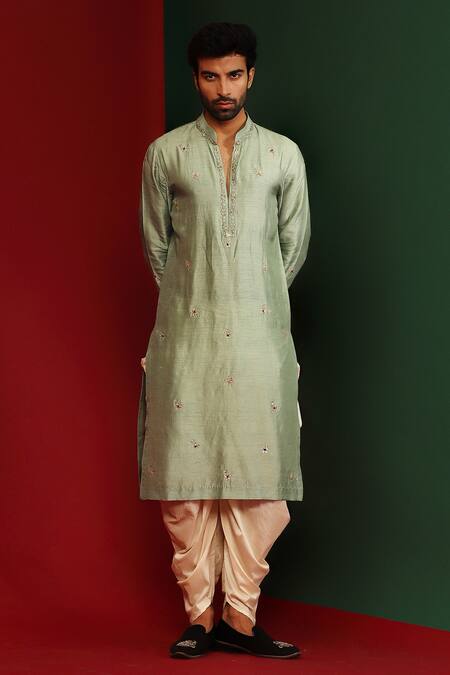 Shop Mahima Mahajan Green Cotton, Raw Silk Sequins Keyan Embroidered Kurta And Dhoti Pant Set at Aza Fashions Shop_Mahima Mahajan_Green Cotton, Raw Silk Sequins Keyan Embroidered Kurta And Dhoti Pant Set_at_Aza_Fashions