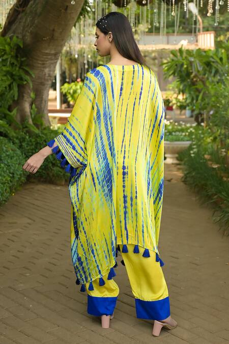 Shop Disha Kahai Yellow Cotton Satin Tassels, Embroidery Round Tie-dye Pattern Kaftan And Pant Set at Aza Fashions Shop_Disha Kahai_Yellow Cotton Satin Tassels, Embroidery Round Tie-dye Pattern Kaftan And Pant Set_at_Aza_Fashions