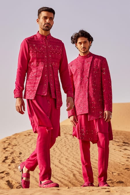 Shop_Sarab Khanijou_Pink Silk Embroidered Pearl Hot Bundi Kurta Set _at_Aza_Fashions