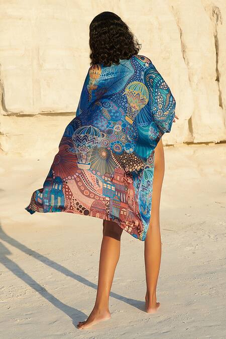 Shop Tizzi Blue Chiffon, Satin Open Neck Shoreline Cape at Aza Fashions Shop_Tizzi_Blue Chiffon, Satin Open Neck Shoreline Cape_at_Aza_Fashions