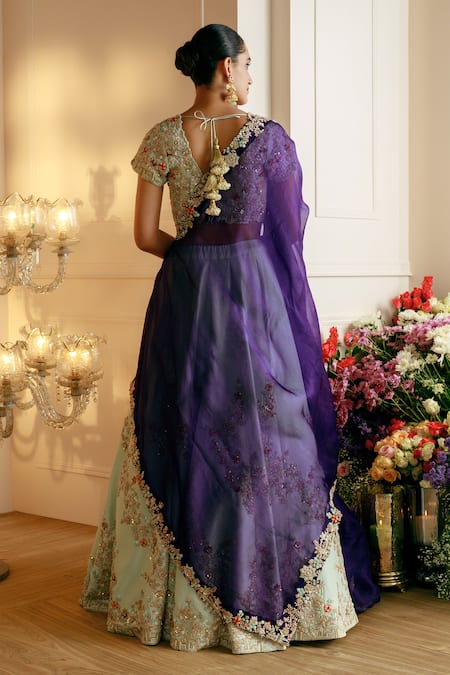 Shop_Nehha Nhata_Blue Silk, Organza Embroidery Square Neck Floral Hand Bridal Lehenga Set _at_Aza_Fashions