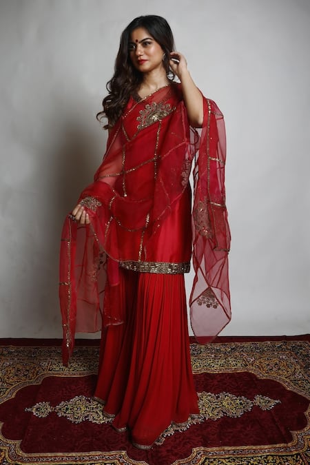 Mona And Vishu_Red Dupatta  Organza, Kurta  Dupion Silk, Sharara  Georgette Sequins, Set _Online_at_Aza_Fashions