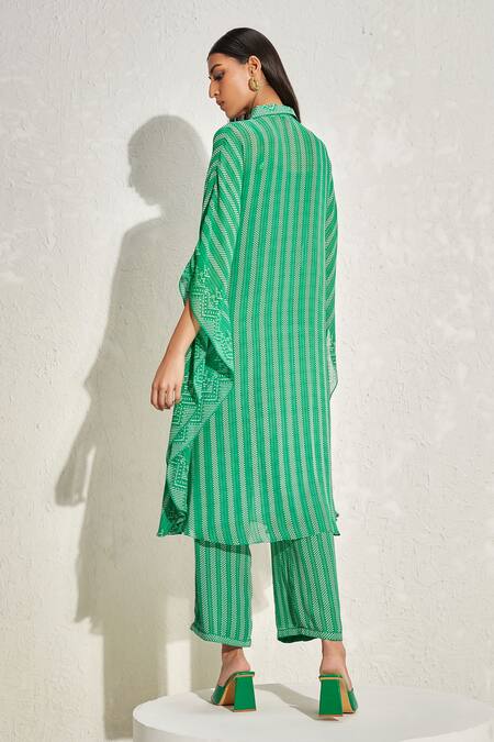 Shop Namrata Joshipura Green Georgette Striped Patterns Collared Aster Kaftan And Pant Set at Aza Fashions Shop_Namrata Joshipura_Green Georgette Striped Patterns Collared Aster Kaftan And Pant Set _at_Aza_Fashions