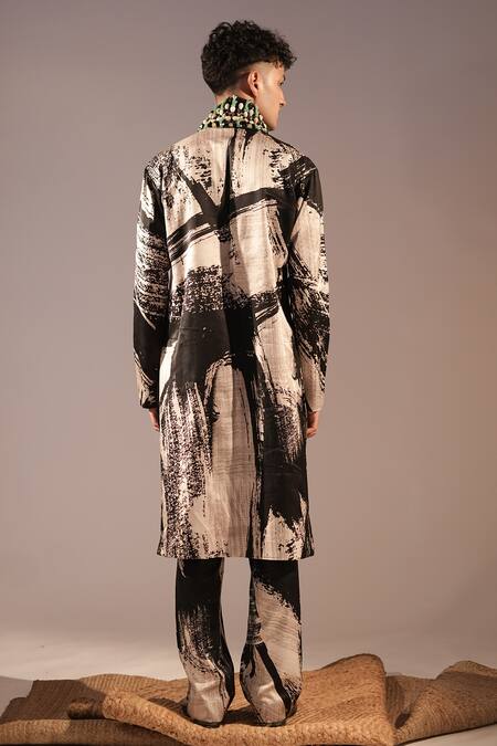 Shop_Nikita Mhaisalkar_Black , , Embroidery Brush Stroke Print Kurta With Pant _at_Aza_Fashions