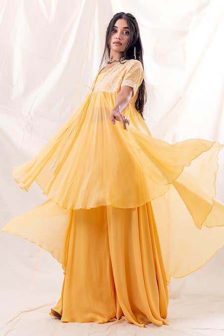 Shop PIRI INDIA Yellow Chanderi, Georgette, Organza Sequins, Embroidery Jacket Palazzo Set at Aza Fashions Shop_PIRI INDIA_Yellow Chanderi, Georgette, Organza Sequins, Embroidery Jacket Palazzo Set _at_Aza_Fashions